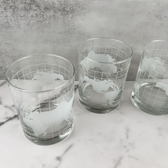70's Glass Clear w Frosted World Map Globe Double Old Fashioned Tumblers Vintage - Picture 5 of 11